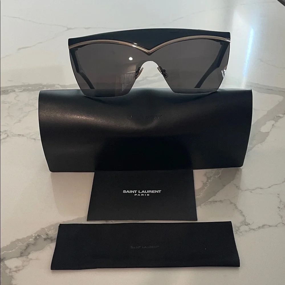 Saint Laurent Black and Silver Shield Sunglasses
